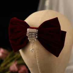 Vintage Velvet Bow Knot Hair Clip Rhinestone Tassel Barrette Clip