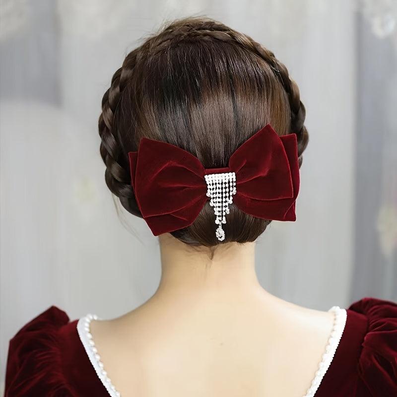 Vintage Velvet Bow Knot Hair Clip Rhinestone Tassel Barrette Clip