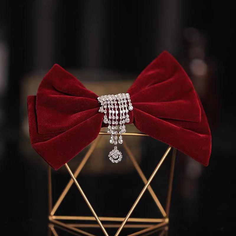 Vintage Velvet Bow Knot Hair Clip Rhinestone Tassel Barrette Clip