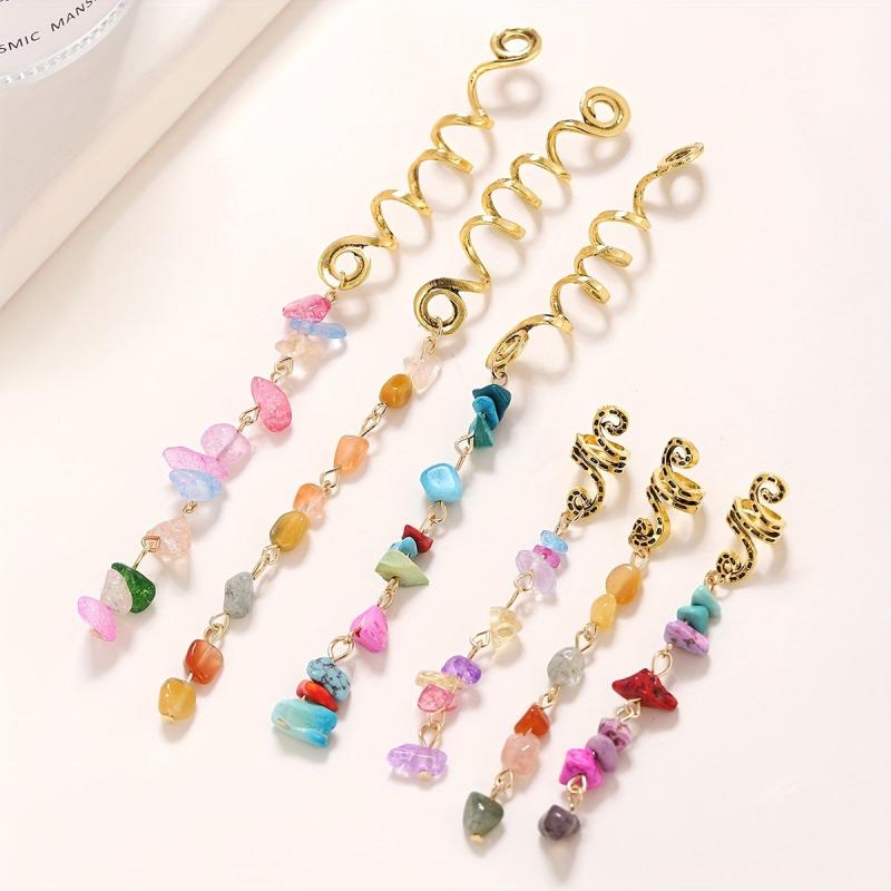 Braided Hair Ring Natural Stone Pendant Hair Buckle Dredlock Vintage Hair Clip