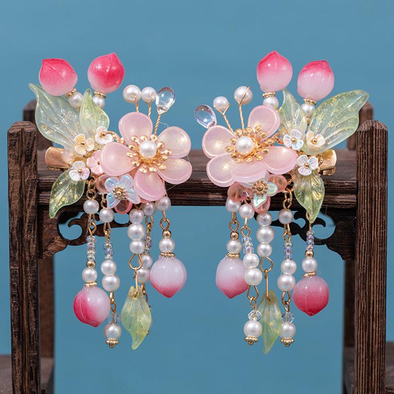 Peach Tassel Flower Leaves Hairpin Headdress Vintage Hair Accessories