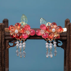 Peach Tassel Flower Leaves Hairpin Headdress Vintage Hair Accessories