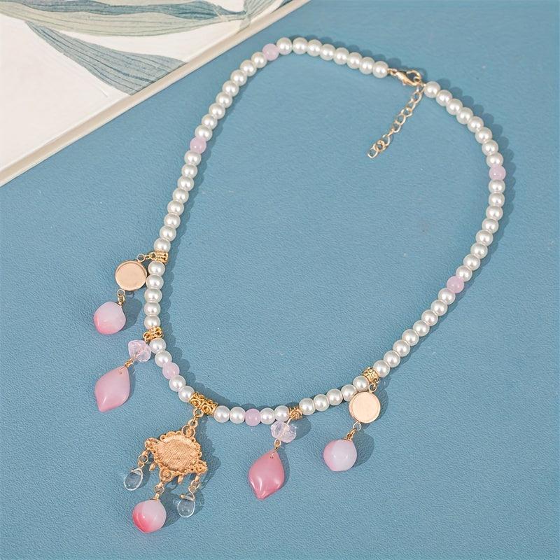 Vintage Faux Pearl Beaded Bracelet Necklace Peach Pendant Cheongsam Accessories