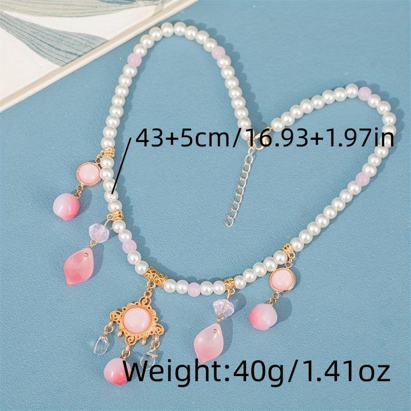 Vintage Faux Pearl Beaded Bracelet Necklace Peach Pendant Cheongsam Accessories