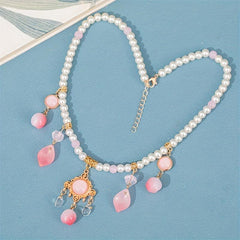 Vintage Faux Pearl Beaded Bracelet Necklace Peach Pendant Cheongsam Accessories