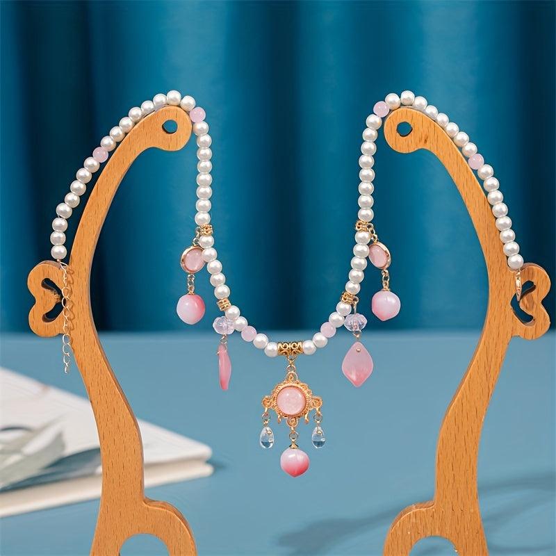 Vintage Faux Pearl Beaded Bracelet Necklace Peach Pendant Cheongsam Accessories
