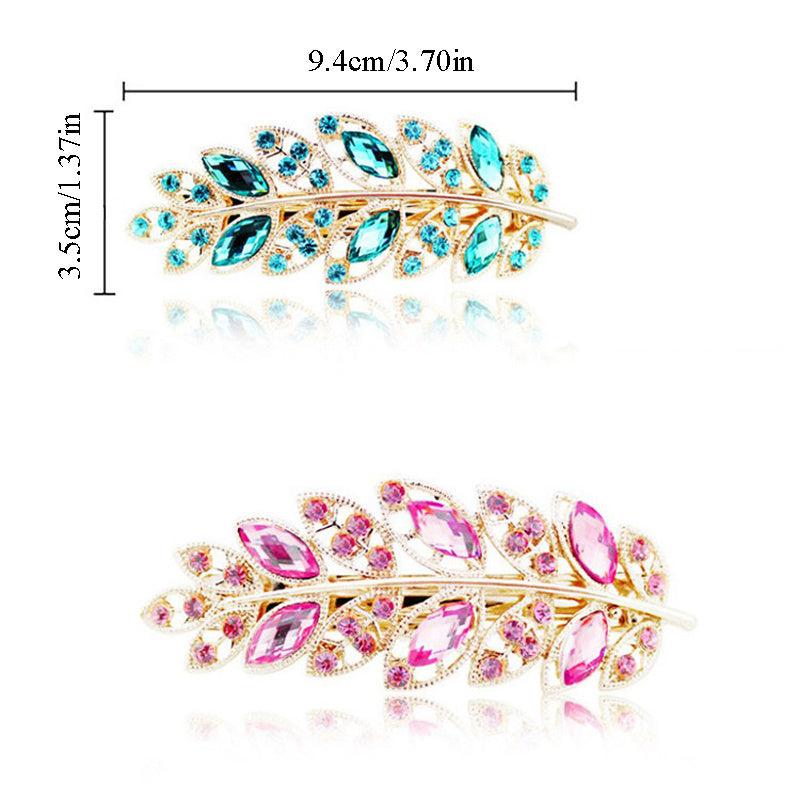 Vintage Crystal Leaf Barrette Glitter Rhinestone Hair Clip