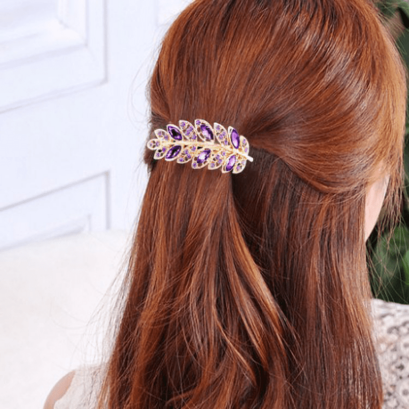 Vintage Crystal Leaf Barrette Glitter Rhinestone Hair Clip