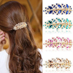 Vintage Crystal Leaf Barrette Glitter Rhinestone Hair Clip
