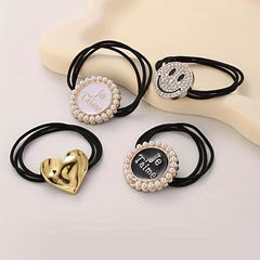 Faux Pearl Hair Tie Rhinestone Charm Ponytail Holder Elastic Hair Accessories
