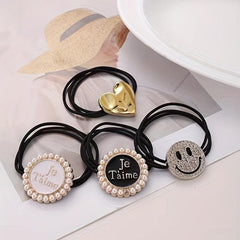 Faux Pearl Hair Tie Rhinestone Charm Ponytail Holder Elastic Hair Accessories