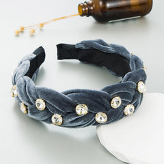 Rhinestone Velvet Braided Headband Wide Brim Headdress Hair Acces