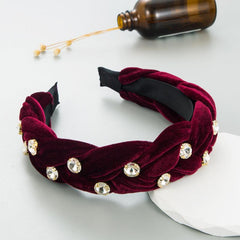 Rhinestone Velvet Braided Headband Wide Brim Headdress Hair Acces
