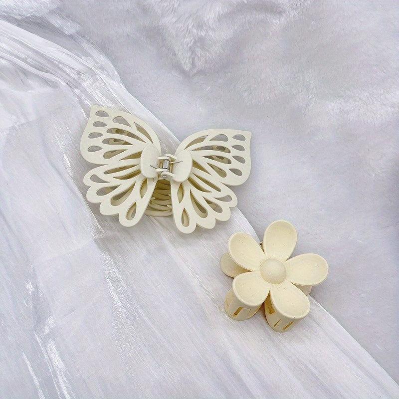 2pcs Frosted Hair Claw Matte Butterfly Flower Plastic Combination