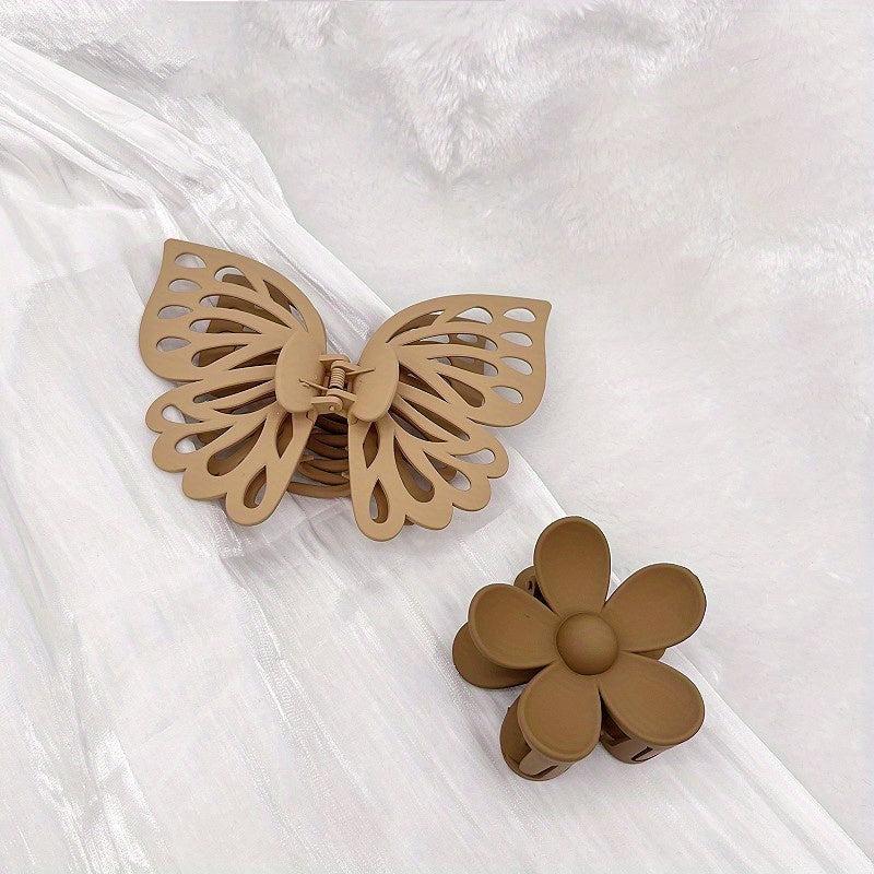 2pcs Frosted Hair Claw Matte Butterfly Flower Plastic Combination
