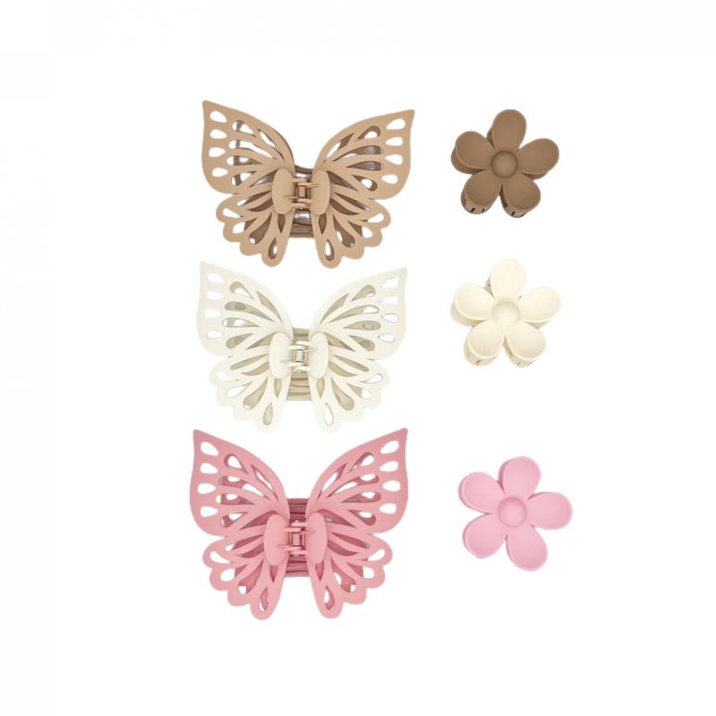 2pcs Frosted Hair Claw Matte Butterfly Flower Plastic Combination