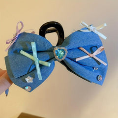 Women Denim Bow Hair Claw Rhinestone Heart Decor Hair Claw