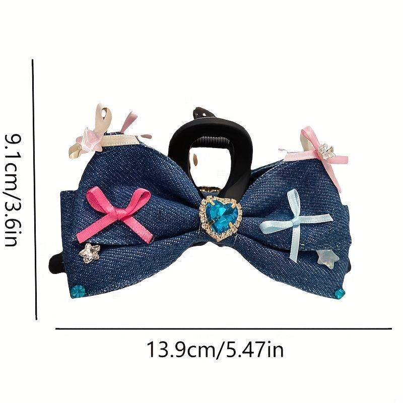 Women Denim Bow Hair Claw Rhinestone Heart Decor Hair Claw