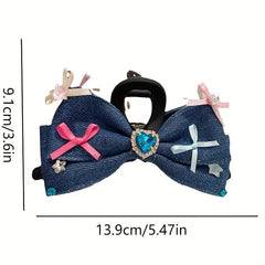 Women Denim Bow Hair Claw Rhinestone Heart Decor Hair Claw
