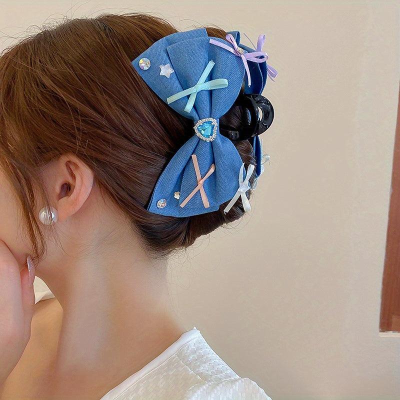 Women Denim Bow Hair Claw Rhinestone Heart Decor Hair Claw