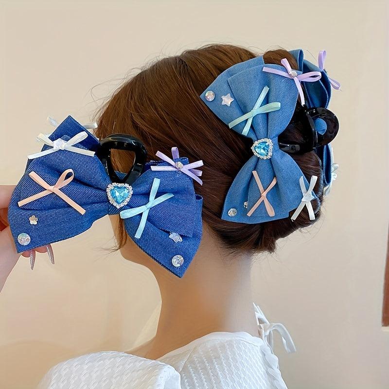 Women Denim Bow Hair Claw Rhinestone Heart Decor Hair Claw