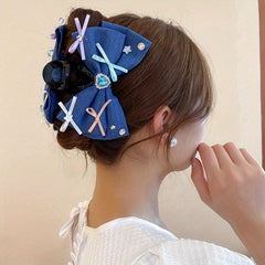 Women Denim Bow Hair Claw Rhinestone Heart Decor Hair Claw