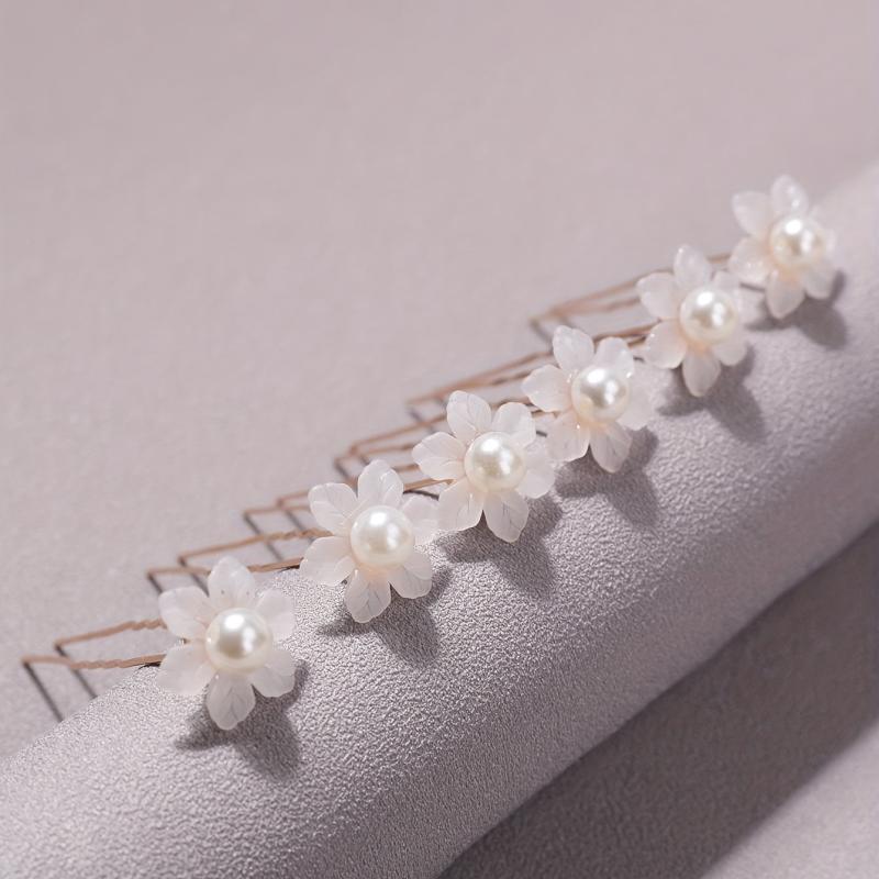 6pcs Faux Pearl Flower Hair Stick Bridal Hair Fork Wedding Hairpin