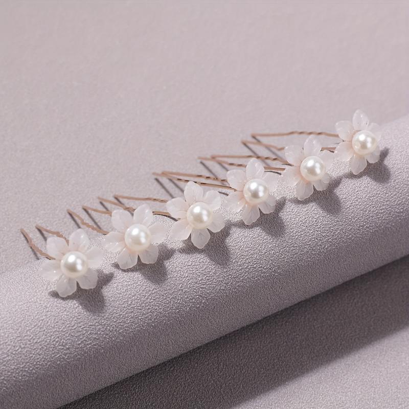 6pcs Faux Pearl Flower Hair Stick Bridal Hair Fork Wedding Hairpin