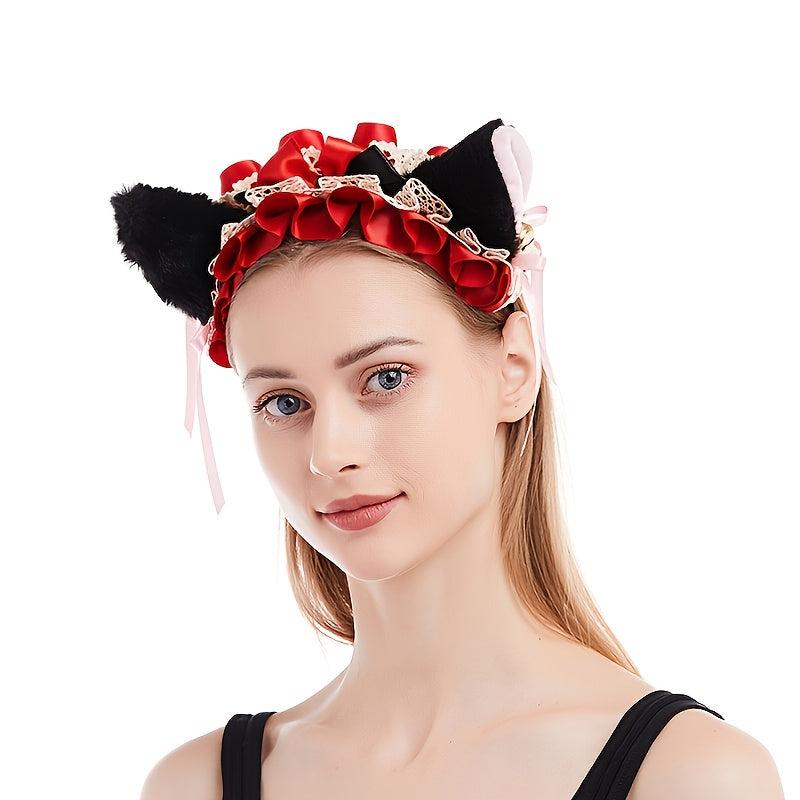 Pink Cat Ears Headband with Red Bows Jingle Bells