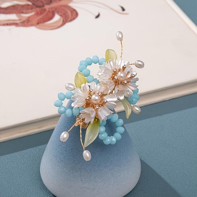 Vintage Flower Leaf Faux Pearl Hairpin Chinese Style Hair Clip B