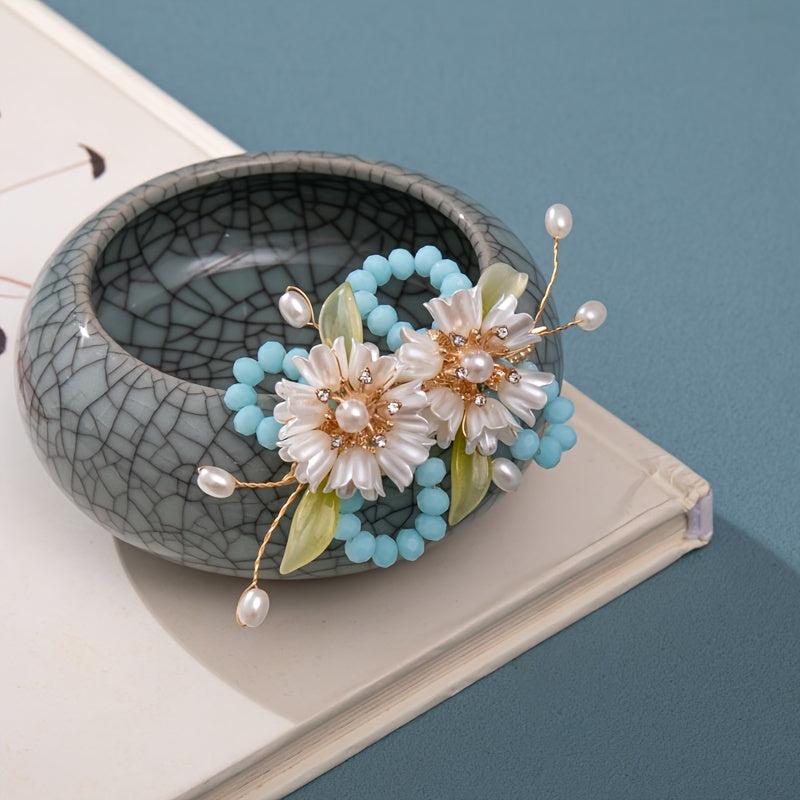 Vintage Flower Leaf Faux Pearl Hairpin Chinese Style Hair Clip B