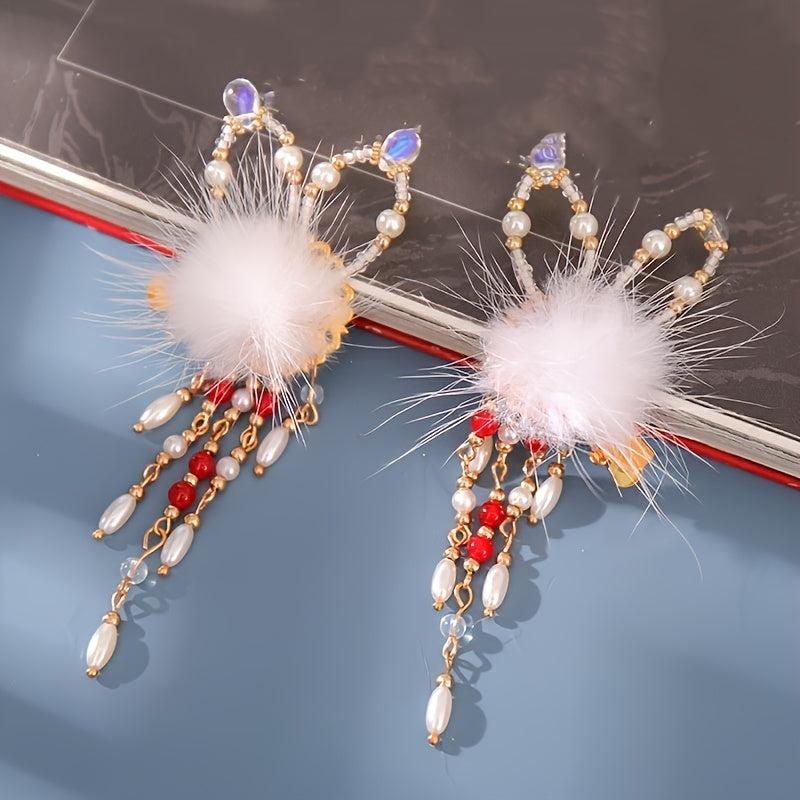 Pompom Hair Clip Headdress Fairy Bunny Tassel Barrette Hanfu Costume Accessories
