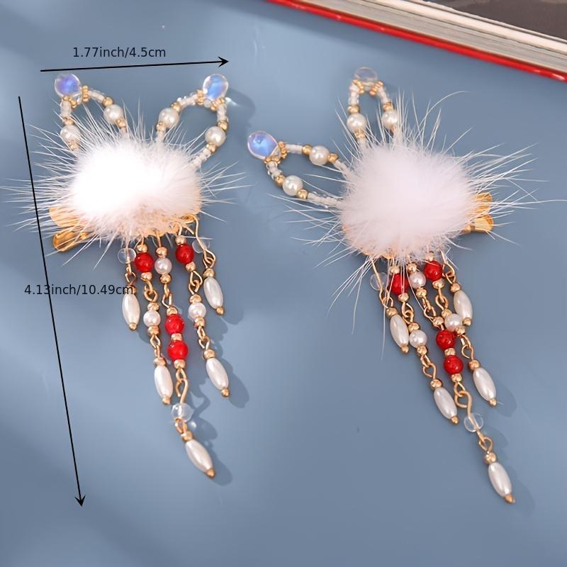 Pompom Hair Clip Headdress Fairy Bunny Tassel Barrette Hanfu Costume Accessories