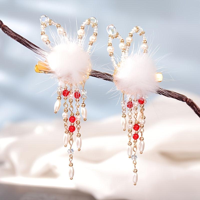 Pompom Hair Clip Headdress Fairy Bunny Tassel Barrette Hanfu Costume Accessories