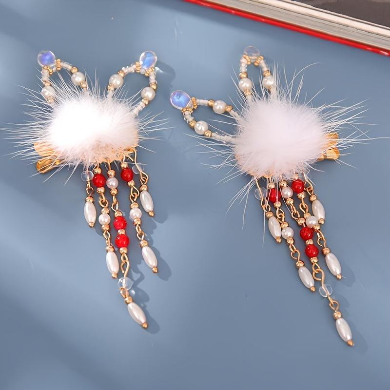 Pompom Hair Clip Headdress Fairy Bunny Tassel Barrette Hanfu Costume Accessories