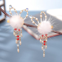 Pompom Hair Clip Headdress Fairy Bunny Tassel Barrette Hanfu Costume Accessories