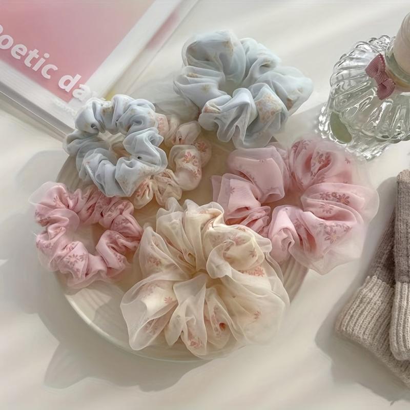 Floral Print Organza Scrunchies Hair Tie Ponytail Holder