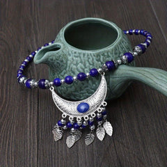 Boho Beaded Head Piece Moon Tassel Necklace Hair Band