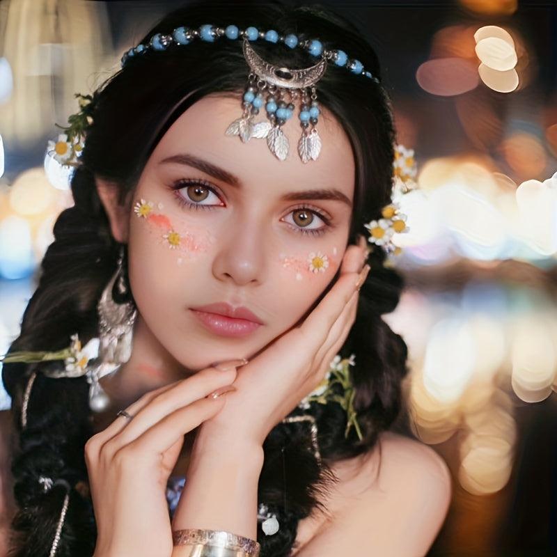Boho Beaded Head Piece Moon Tassel Necklace Hair Band