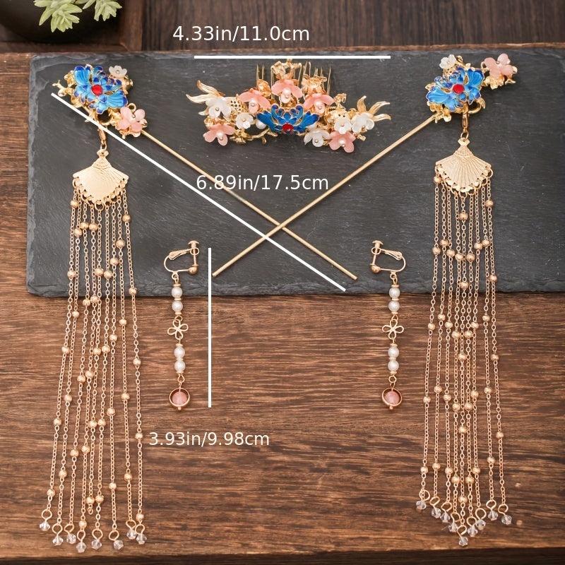 Chinese Style Hair Accessories Set Flower Hair Comb Hairpin Earrings Set
