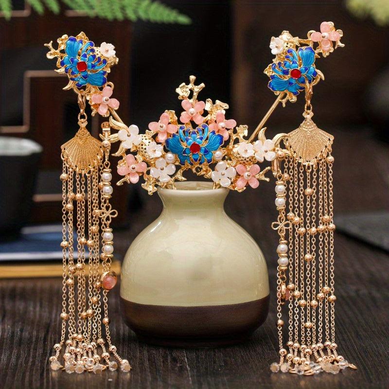 Chinese Style Hair Accessories Set Flower Hair Comb Hairpin Earrings Set