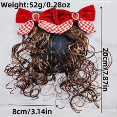 2Pcs Red Bow Hair Clip with Rhinestones Faux Curly Hair