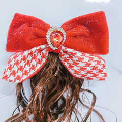 2Pcs Red Bow Hair Clip with Rhinestones Faux Curly Hair