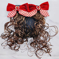 2Pcs Red Bow Hair Clip with Rhinestones Faux Curly Hair