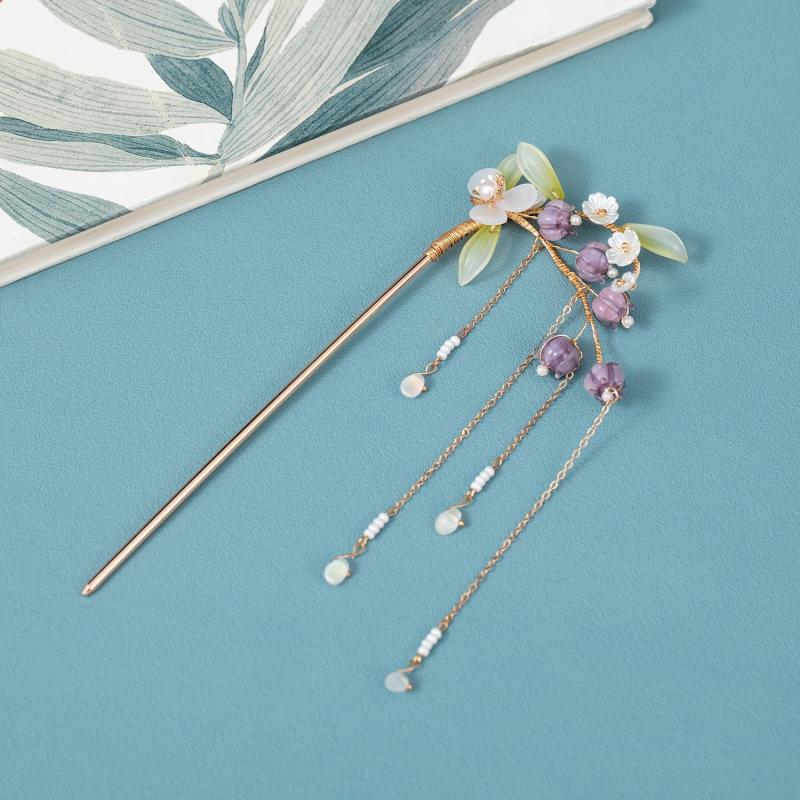 Ancient Style Hairpin Women's Headdress Beads Tassel Purple Lily