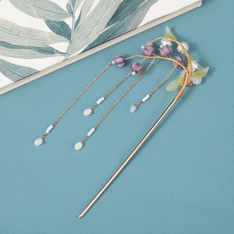 Ancient Style Hairpin Women's Headdress Beads Tassel Purple Lily