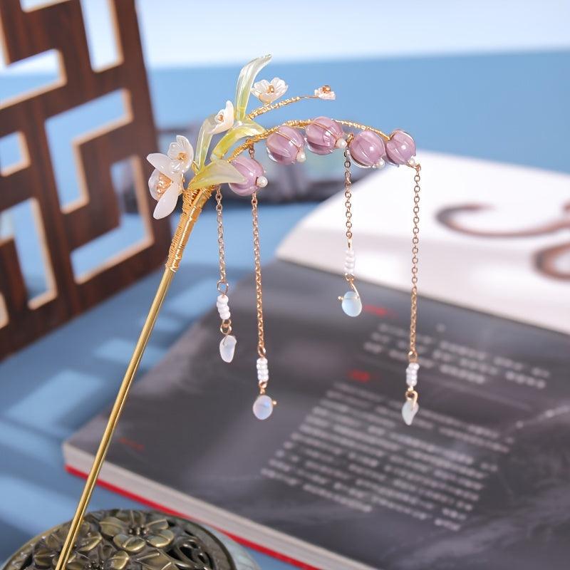 Ancient Style Hairpin Women's Headdress Beads Tassel Purple Lily