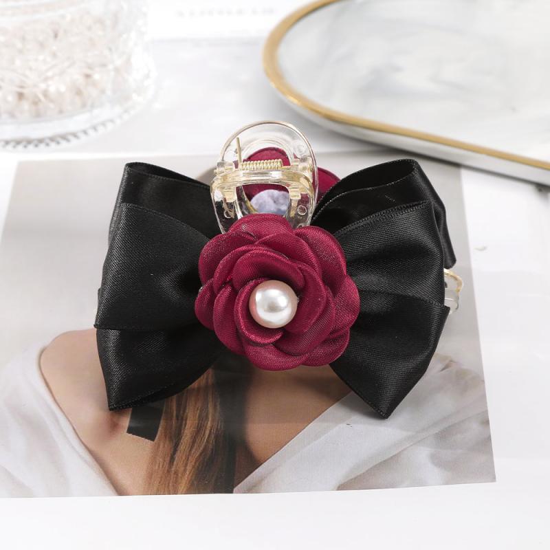 Sweet Mesh Camellia Bow Pearl Hair Claw Girls Hair Clip