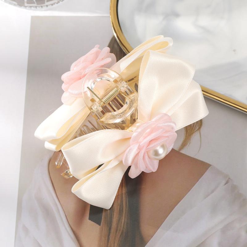 Sweet Mesh Camellia Bow Pearl Hair Claw Girls Hair Clip