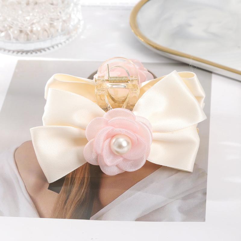 Sweet Mesh Camellia Bow Pearl Hair Claw Girls Hair Clip